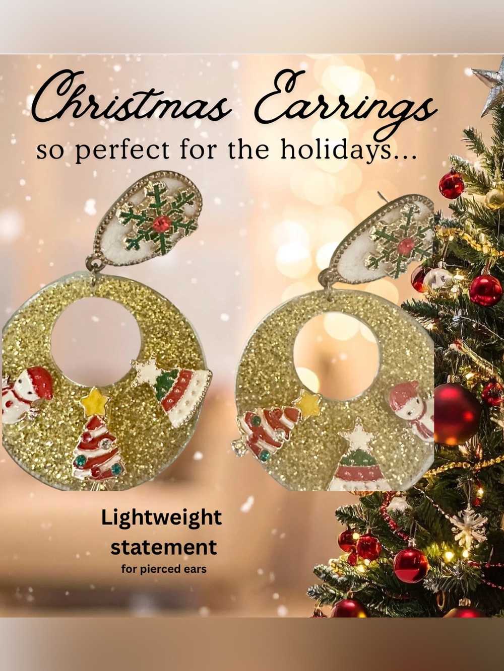 Gold Glitter Holiday Hoop Earrings with Enamel Christmas Trees, lightweight